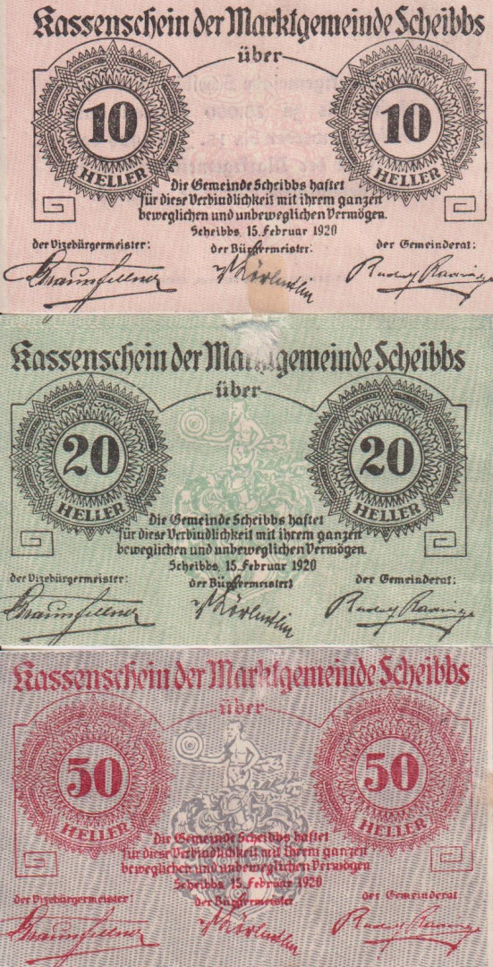 Scheibbs 10, 20, 50 heller 1920.