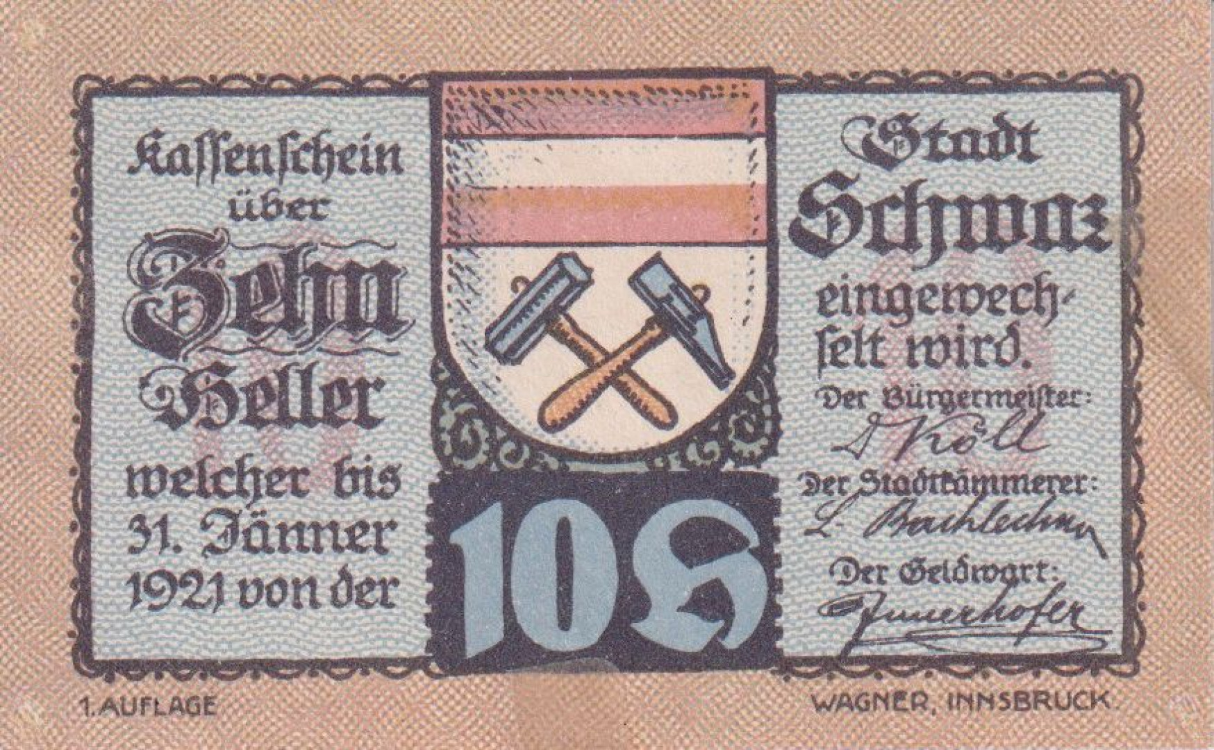 Schwaz i. Tirol 10 heller 1921.