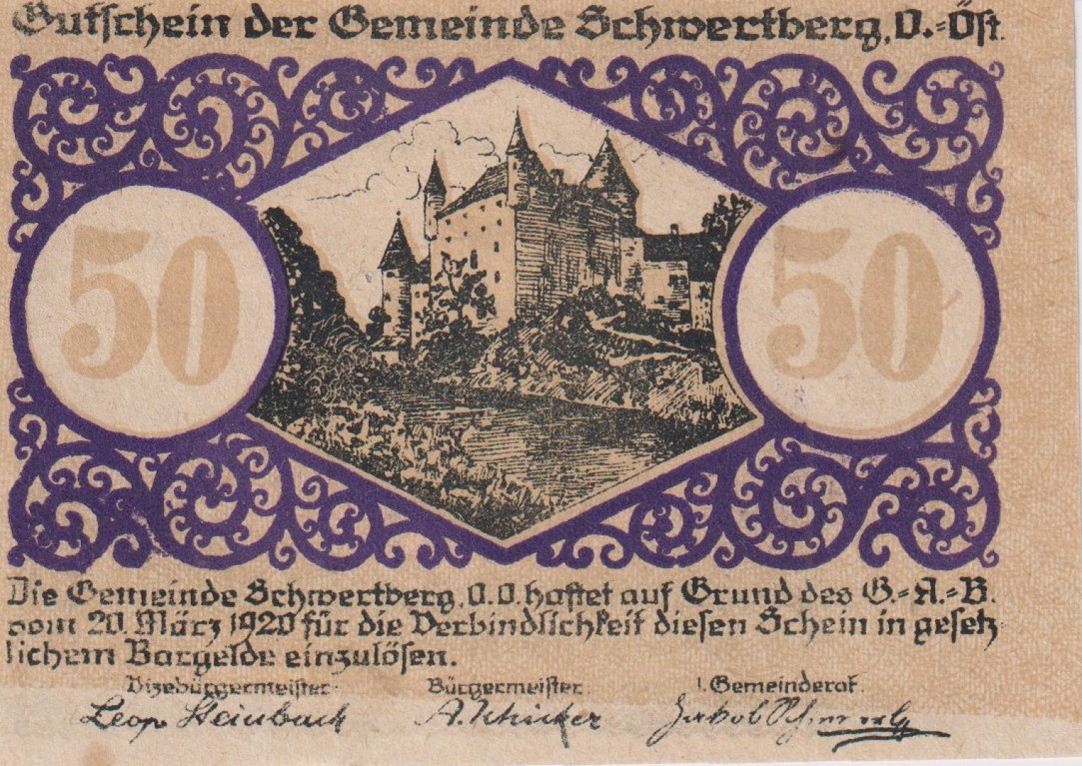 Schwertberg 50 heller 1920.