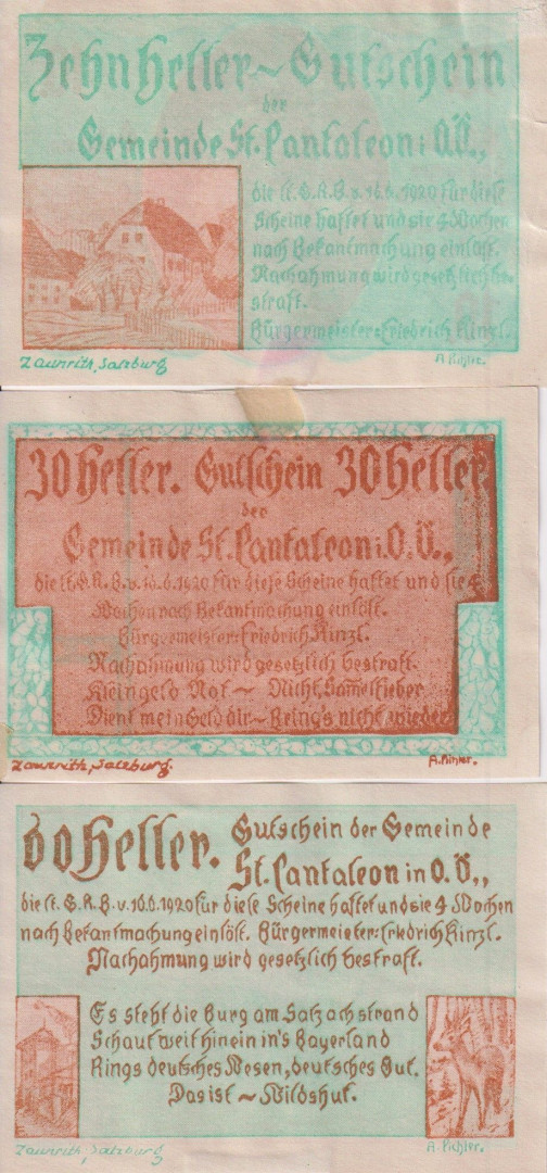 St. Pantaleon 10, 30, 60 heller 1920.