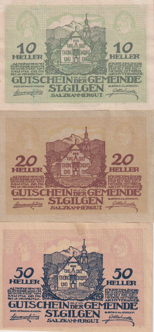 St. Gilgen 10, 20, 50 heller 1920.