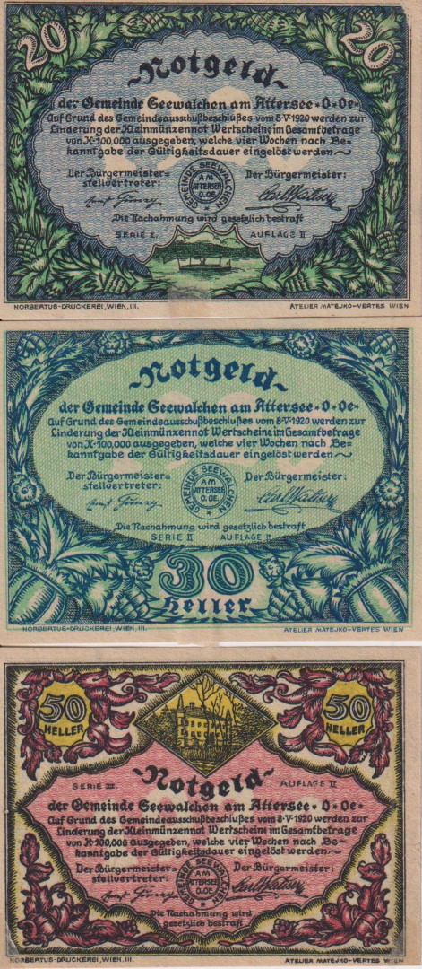Seewalchen am Attersee 10, 30, 50 heller 1920.