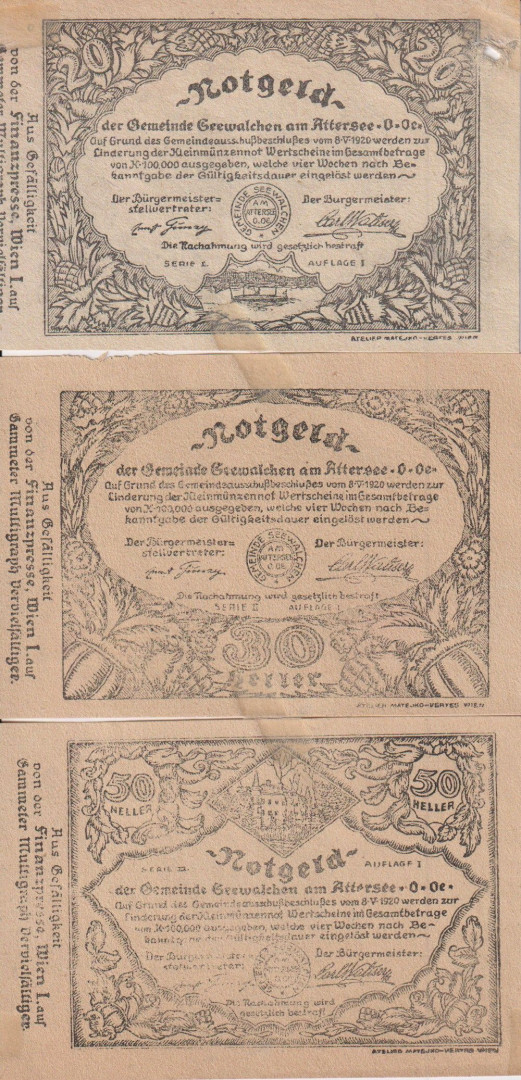 Seewalchen am Attersee 20, 30, 50 heller 1920.