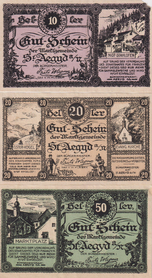 St. Aegyd am. 10, 20, 50 heller 1920