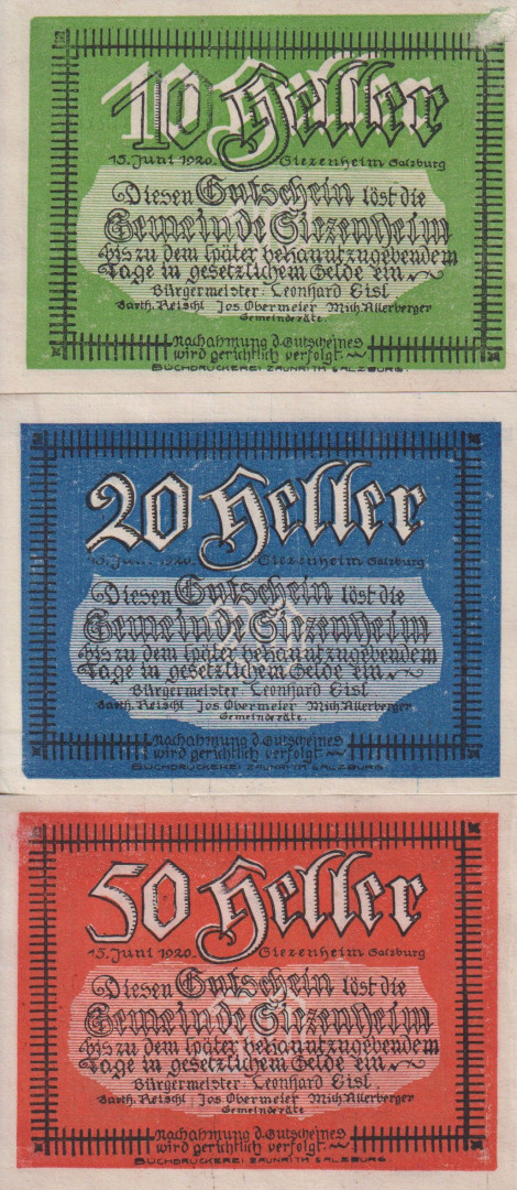 Siezenheim 10, 20, 50 heller 1920.