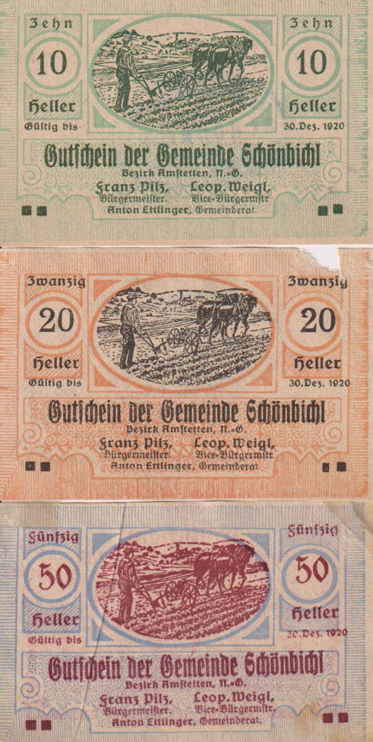 Schönbichl 10, 20, 50 heller 1920. pecsételt!