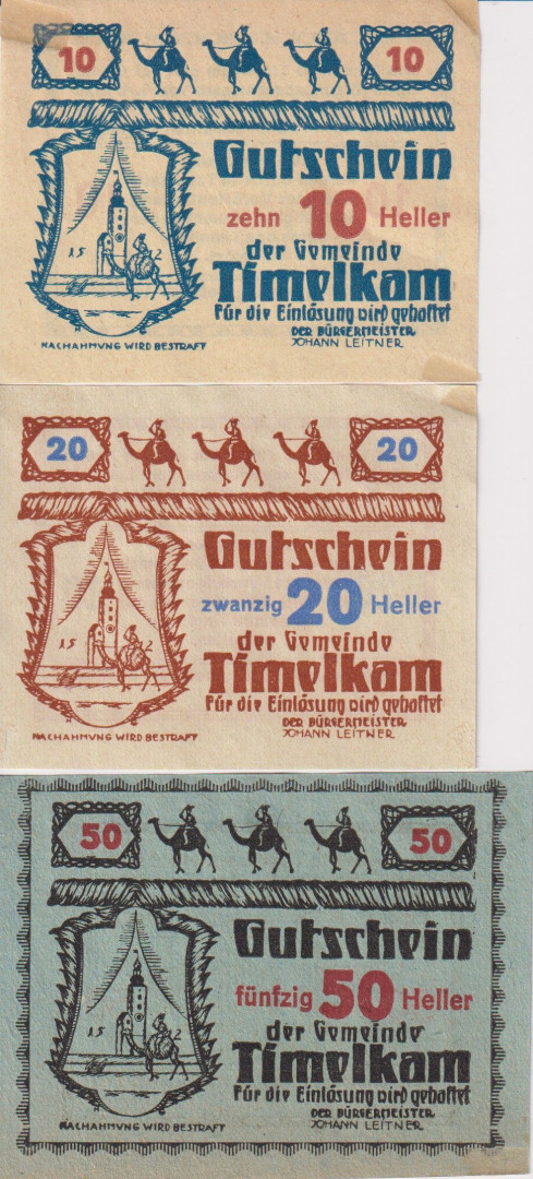 Timelkam 10, 20, 50 heller 1920.