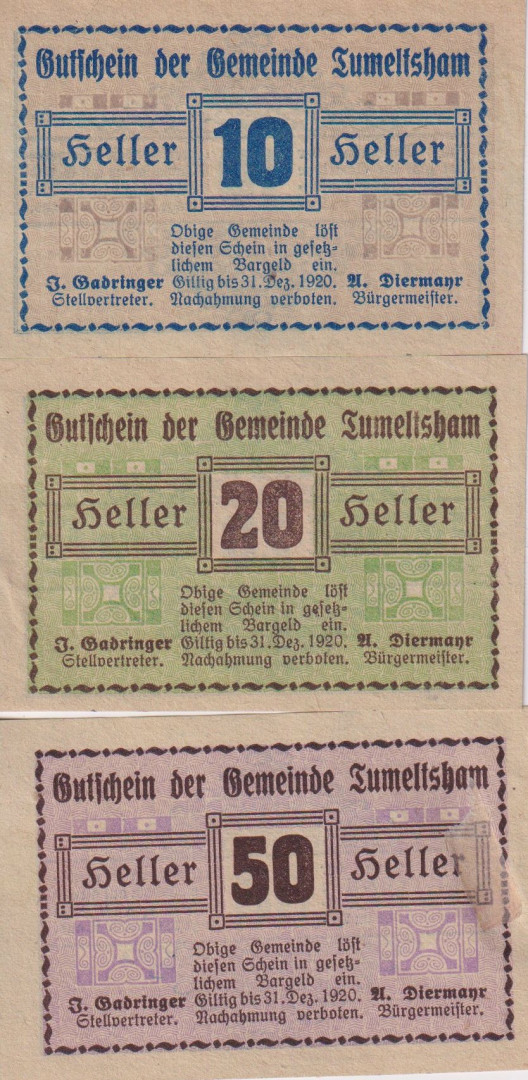 Tumeltsham 10, 20, 50 heller 1920.
