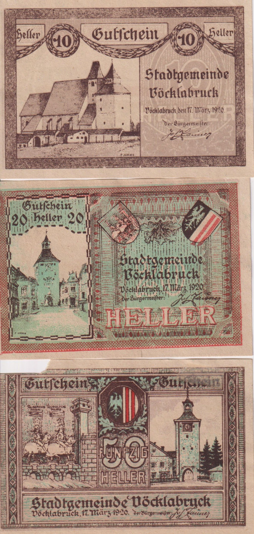 Vöcklabruck 10, 20, 50 heller 1920.