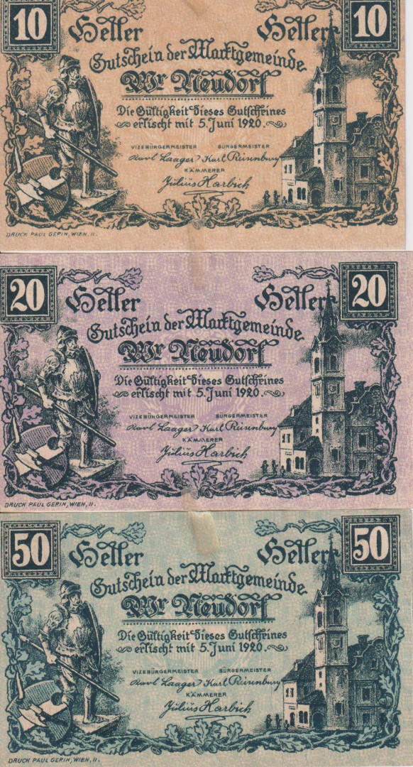 Wiener Neudorf 10, 20, 50 heller 1920.