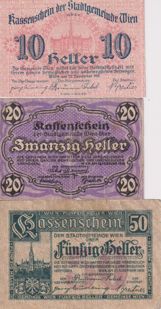 Wien 10, 20, 50 heller 1919.