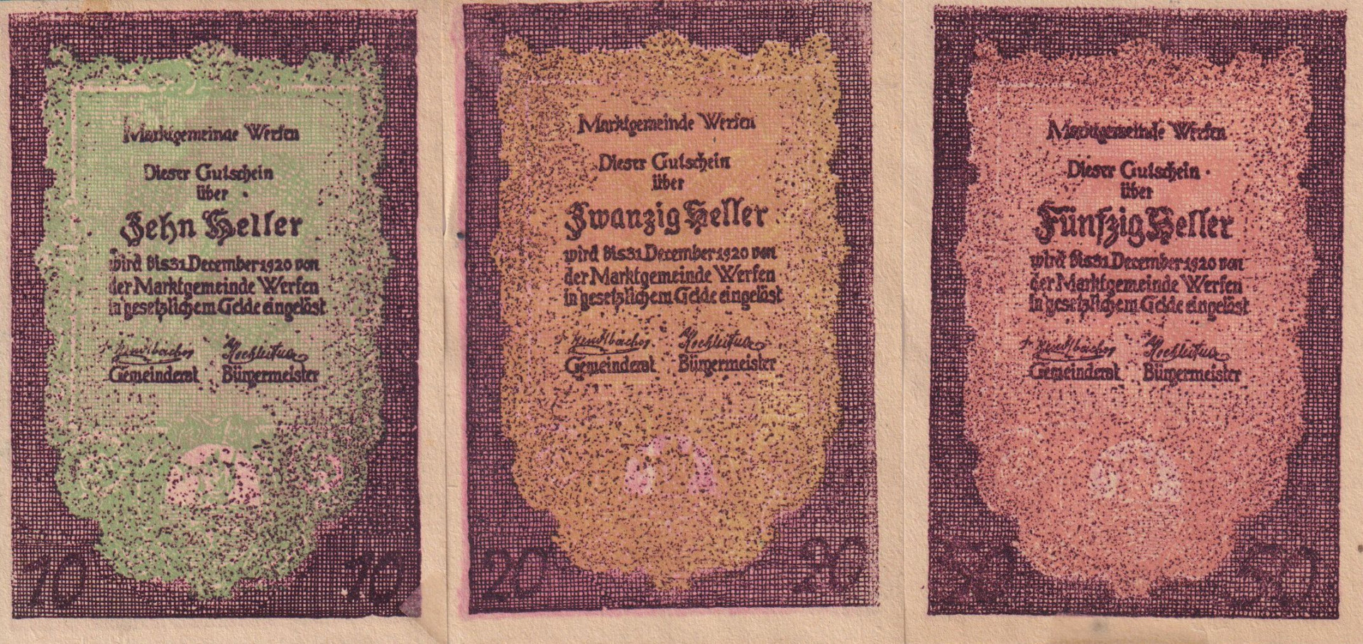 Werfen 10, 20, 50 heller 1920.