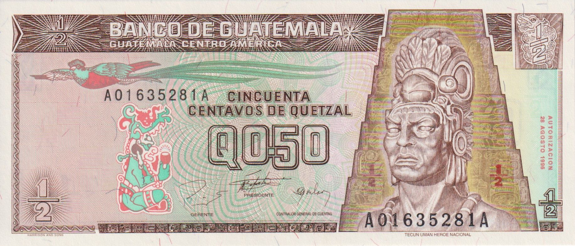 Guatemala 1/2 quetzal  1996.  P 96   (L)