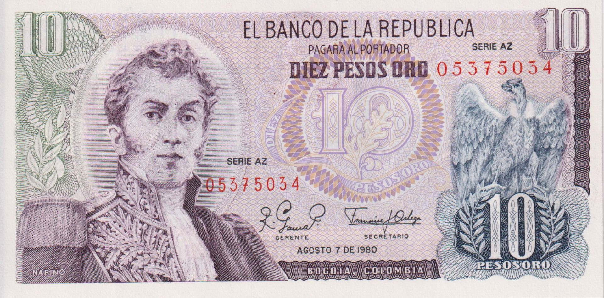Kolumbia 10 pesos 1980. P 407 (L)