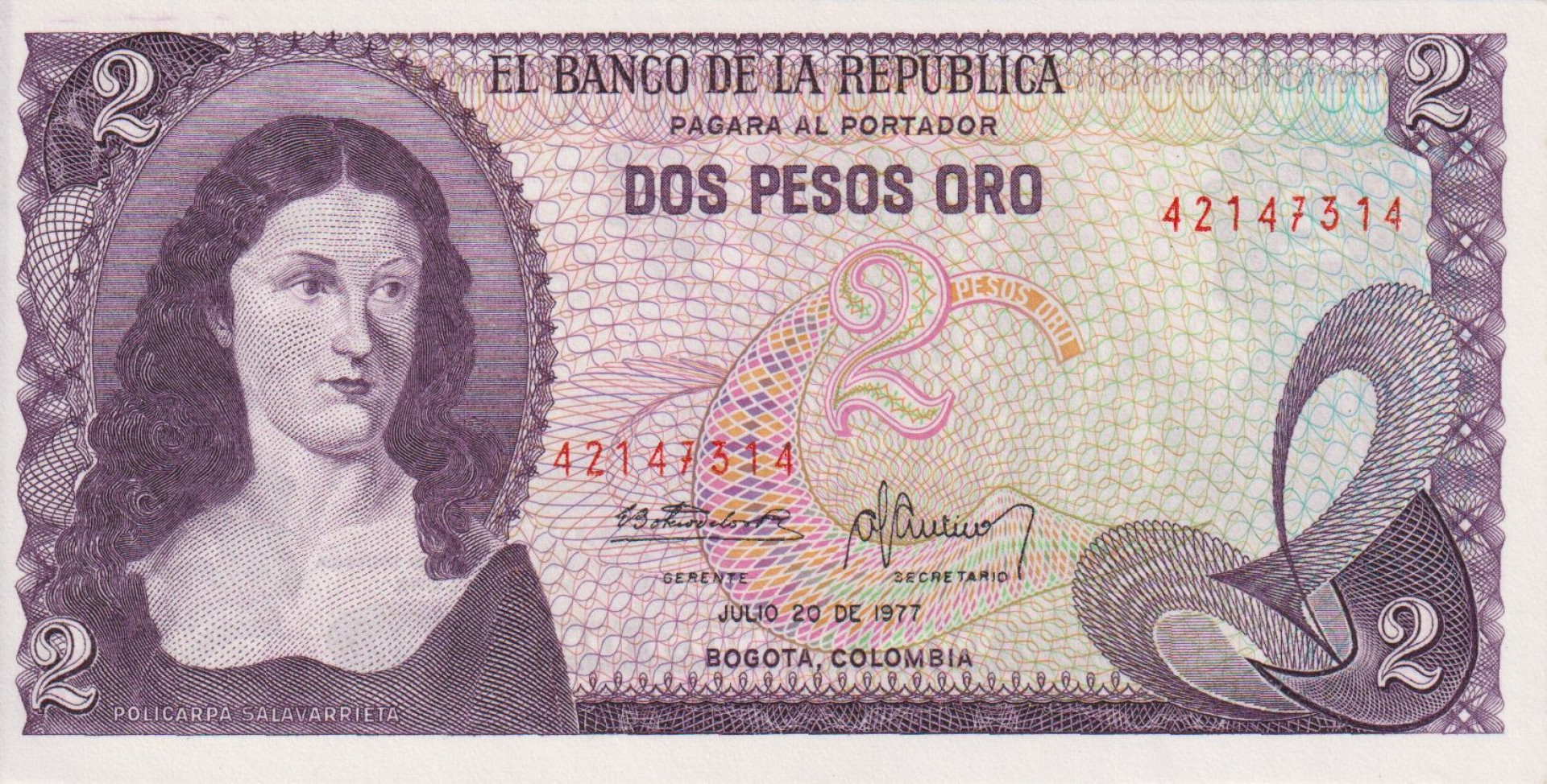 Kolumbia 2 pesos 1977. P 413 (L)