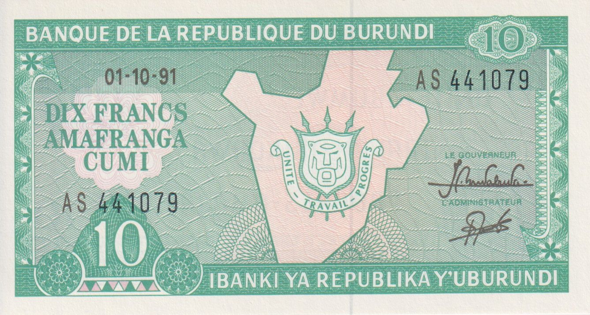 Burundi 10 francs 1991. P 33b (L)