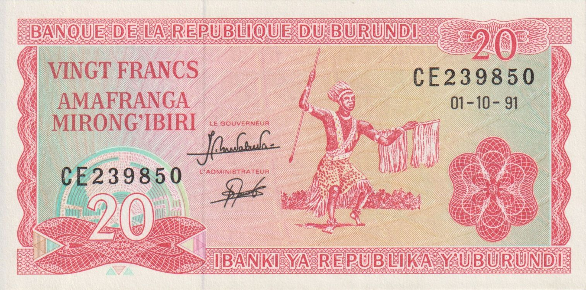 Burundi 20 francs 1991.   P 27c   (L)