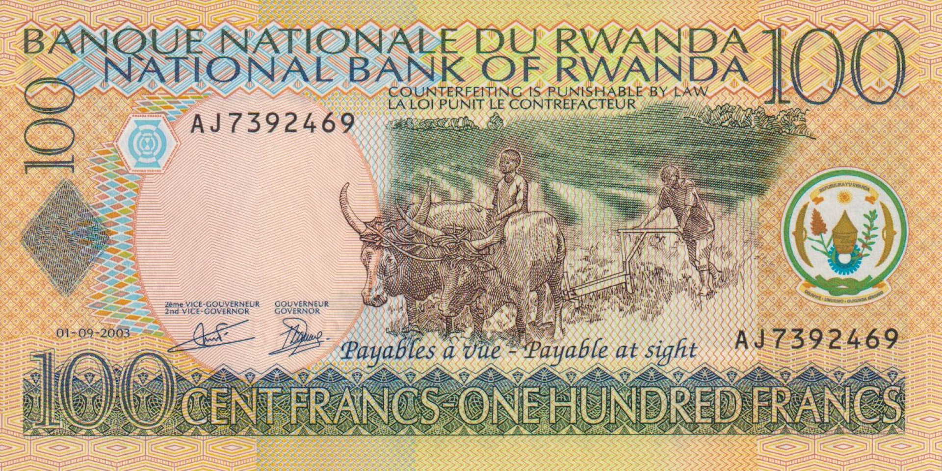Rwanda 100 francs 2003. P 29b