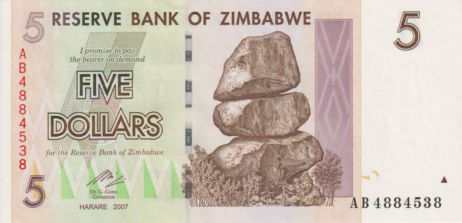 Zimbabwe 5 dollár 2007. P 66