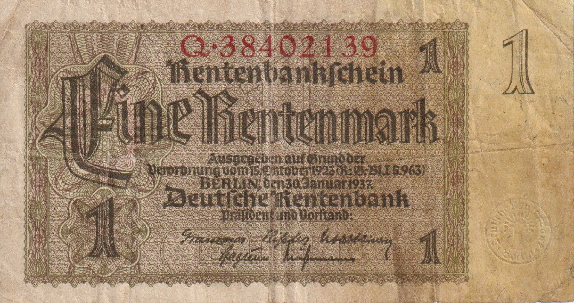Németország 1 rentenmarka 1937. P 173