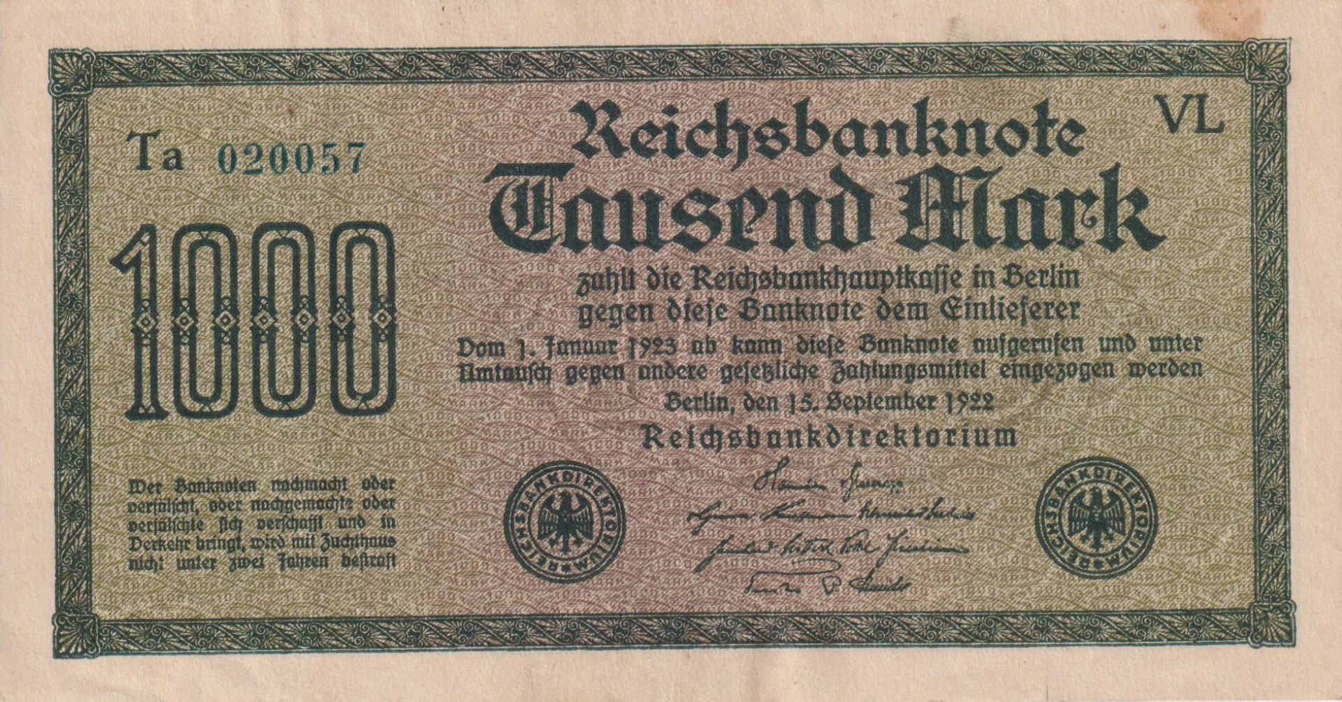 Németország 1000 marka 1922. Wz.31. vízjel