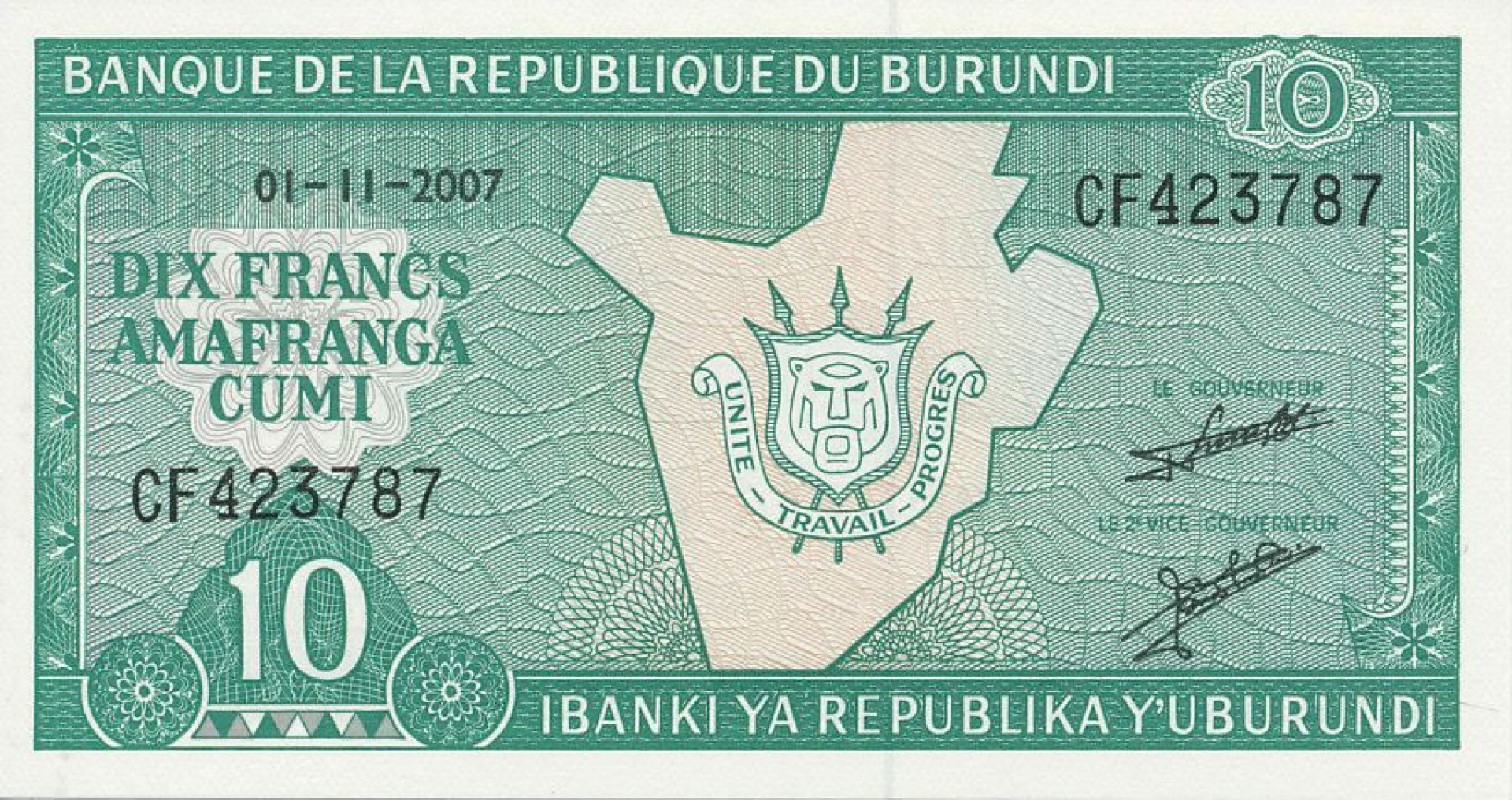 Burundi 10 francs 2007.  P 33e   (N)