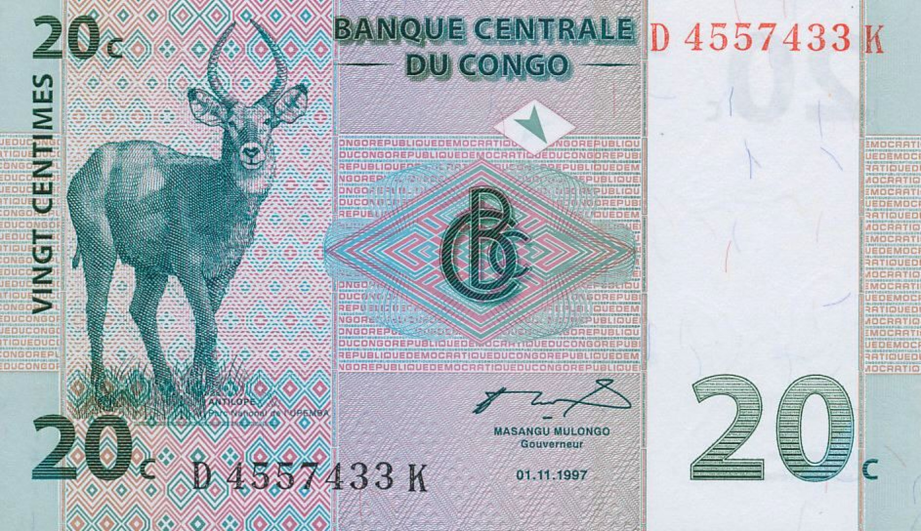 Kongo 20 cent 1997. P 83 (N)