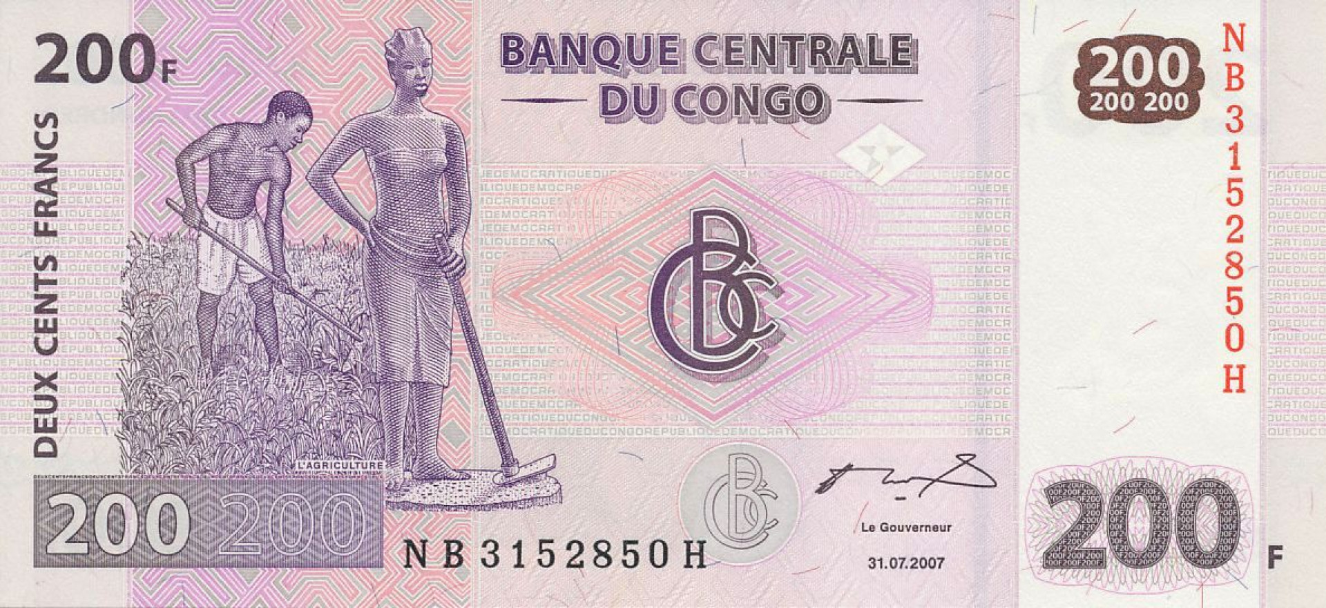 Kongo 200 francs 2007. P 99a (N)