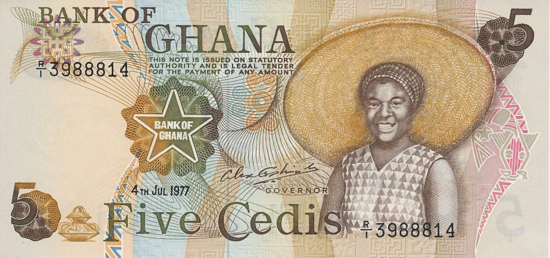 Ghana 5 cedis 1977.  P 15b   (N)