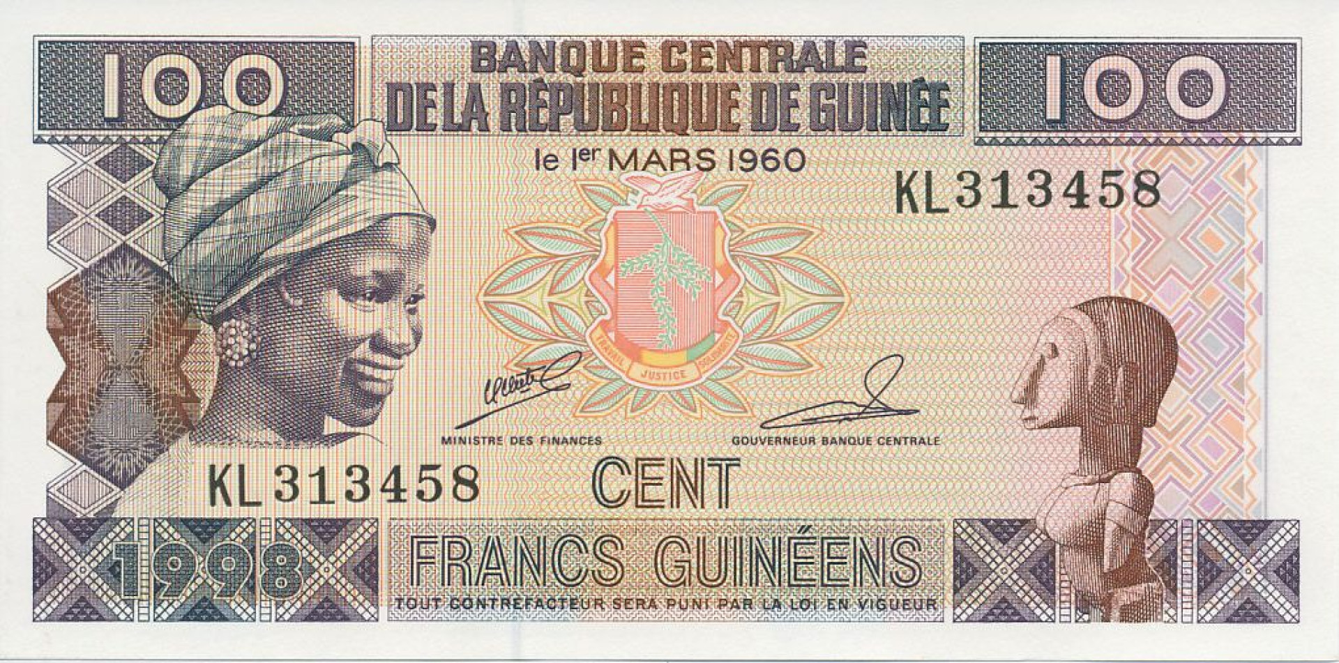 Guinea 100 francs 1998.   P 35a   (N)