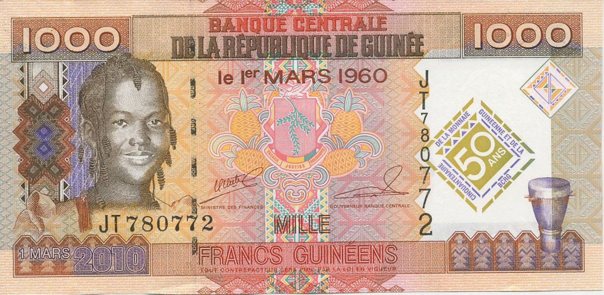 Guinea 1000 francs 2010.   P 43   (N)