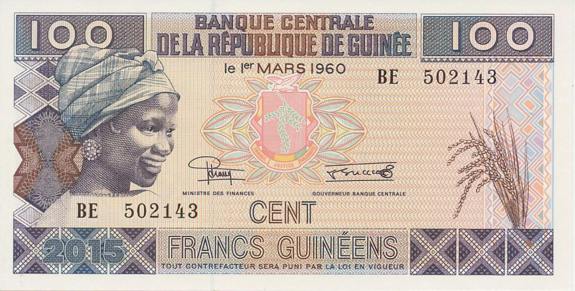 Guinea 100 francs 2015.   P 47A   (N)