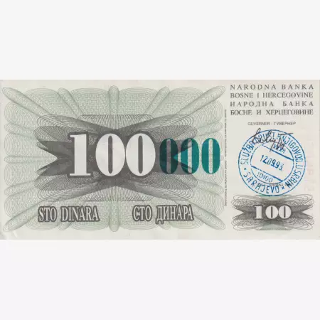 Bosznia-Hercegovina 100.000 dinár 1993. zöld