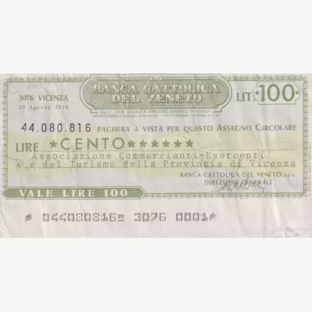 Olaszország 100 lira csekk 1976.