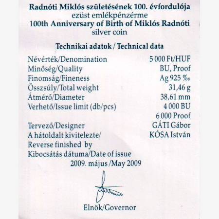 2009.BU Radnóti Miklós szül.100. évford. 5.000 Forint