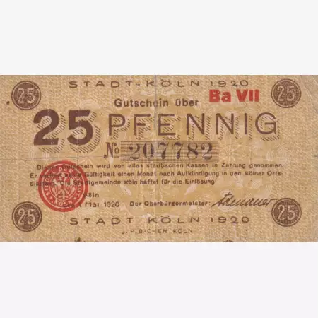 Németország Köln 25 pfennig 1920.