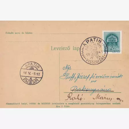 1941. APATIN Visszatért levelezőlap