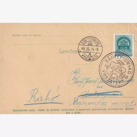 1940. BÁNFFYHUNYAD Visszatért levelezőlap