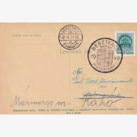 1940. BESZTERCE Visszatért levelezőlap