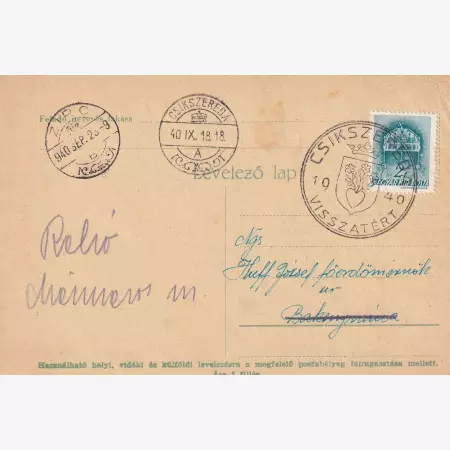 1940. CSIKSZEREDA Visszatért levelezőlap
