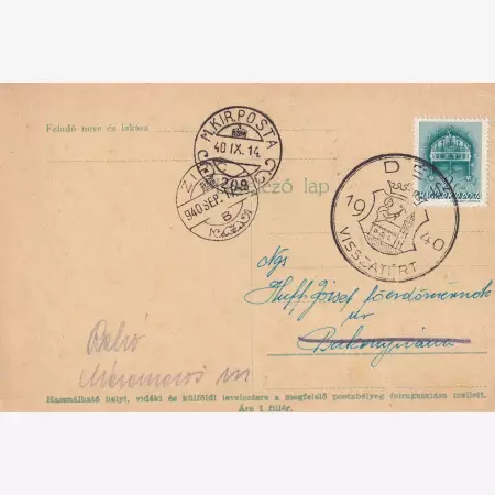 1940. DÉS Visszatért levelezőlap