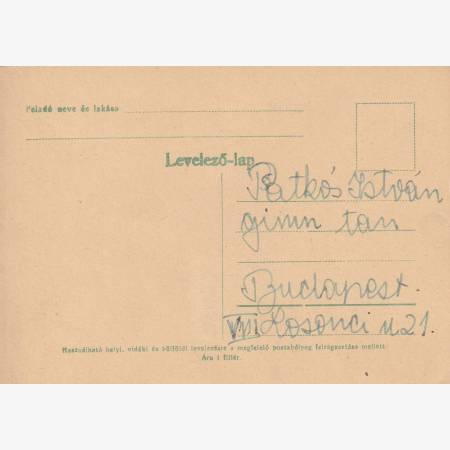 1940. GYERGYÓSZENTMIKLÓS Visszatért levelezőlap