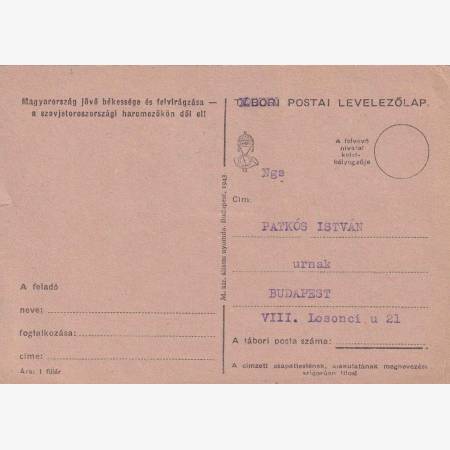 1943. KASSA Hazatért Tábori postai levelezőlapon