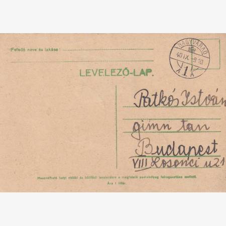 1940. NAGYVÁRAD Visszatért levelezőlap