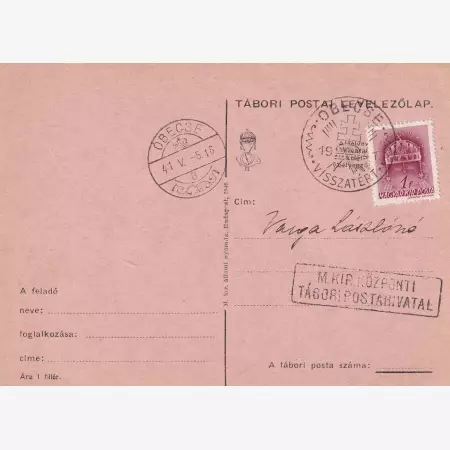 1941. ÓBECSE Visszatért Tábori Postai levelezőlap