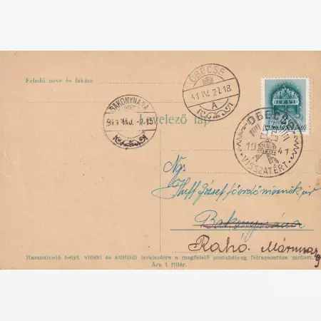 1941. ÓBECSE Visszatért levelezőlap