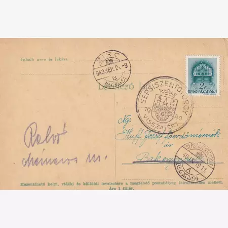 1941. SEPSISZENTGYÖRGY Visszatért levelezőlap kis sérülés