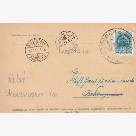 1940. SZÁSZRÉGEN Visszatért levelezőlap