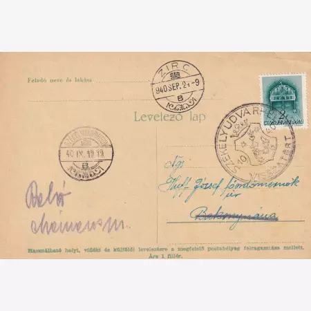 1940. SZÉKELYUDVARHELY Visszatért levelezőlap