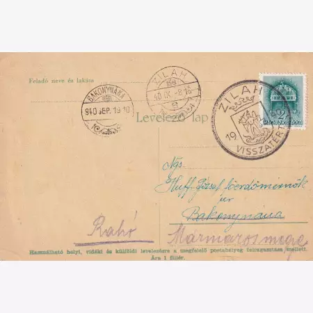 1940. ZILAH Visszatért levelezőlap
